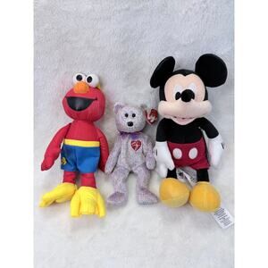 Lot of 3 Disney Mickey Mouse Sesame Street Elmo Ty Beanie Bear Plush